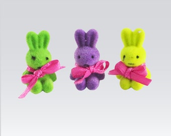 Ultra Tiny Flocked Bunny Rabbits set of 3, Spring and Easter Miniature Craft Bunnies