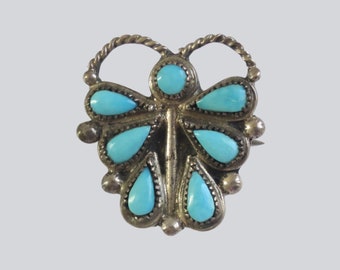 Retro 70s BoHo Turquoise Butterfly Pin, Turquoise Stones and Silver Butterfly Brooch