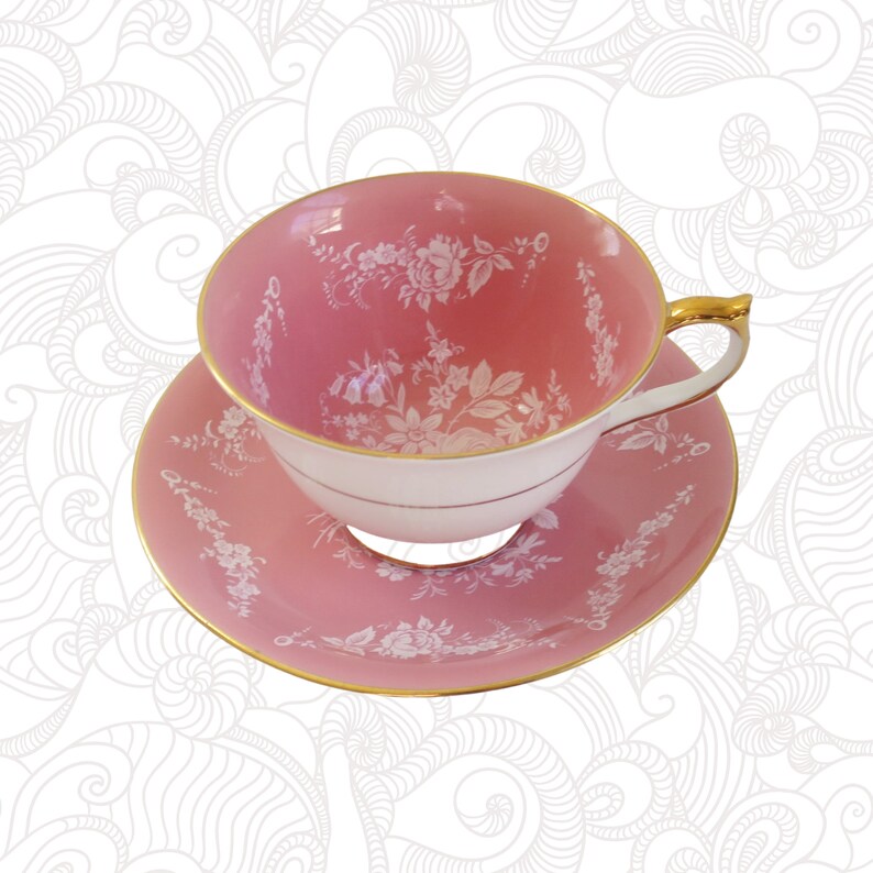 Vintage Pink Tea Cup and Saucer, Aynsley Teacup with White Bridal Rose Pattern Bild 7