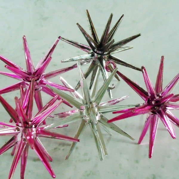 Mid Century Retro 1950s Sputnik Ornaments, 5 Vintage Plastic Starburst Ornaments