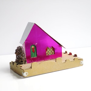 Pink Foil Putz House, Mid-Century Magenta Village House, Vintage Valentine