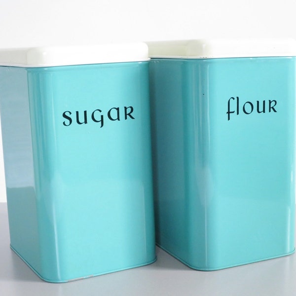 Turquoise Kitchen Storage Tins - Harvell Kitchen Sugar and Flour Canisters - Vintage Blue Metal Kitchen Storage