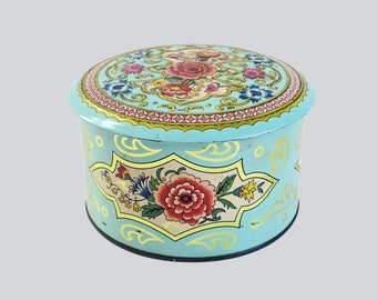 Daher Powder Tin, Pink and Turquoise Floral Roses Metal Canister, Decorative Storage Box