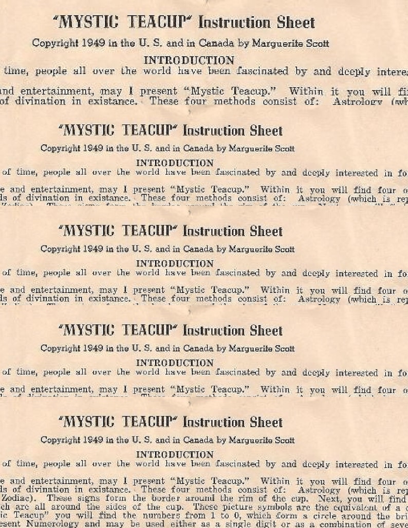 Vintage 1949 Mystic Teacup, Fortune Teller Instructions Sheet, Digital Download, Printable Instant Image, Clip Art image 1