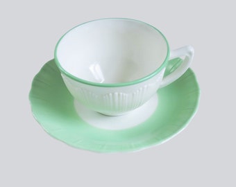 1930s Milk Glass Teacup Set Tipped in Mint Green by MacBeth Evans Corning