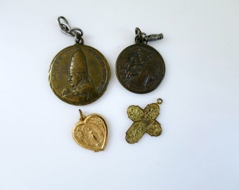 70s Pendants and Charms Jewelry, 4 Vintage Catholic or Religious Medals Lot,