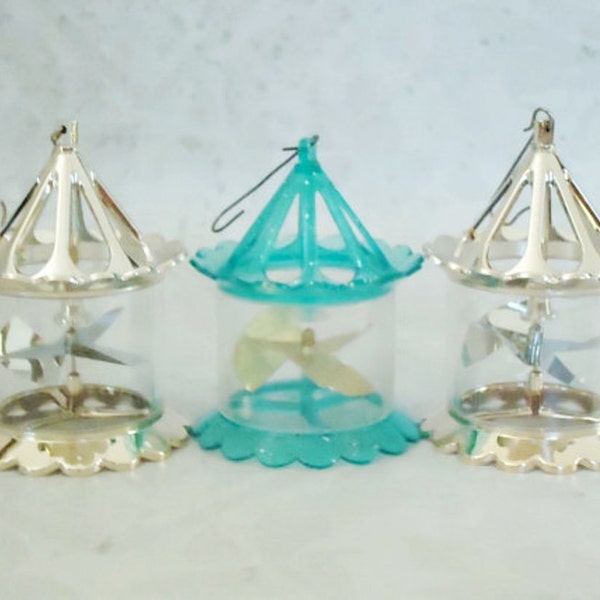 Mid Century Spinner Twinkler Pinwheel Ornaments, Vintage Birdcage Pinwheel Holiday Ornaments