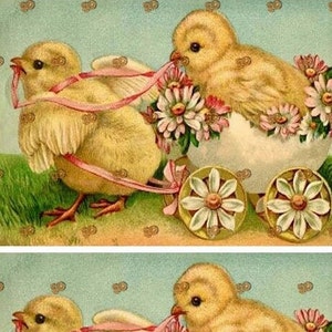 Scarica il collage di pulcini primaverili antichi, cartolina di Pasqua istantanea, download digitale
