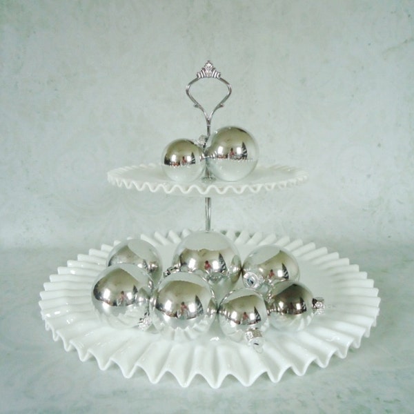 RESERVED  Fenton Two Tier Cupcake Stand, Silver Crest Tiered Tidbit Server