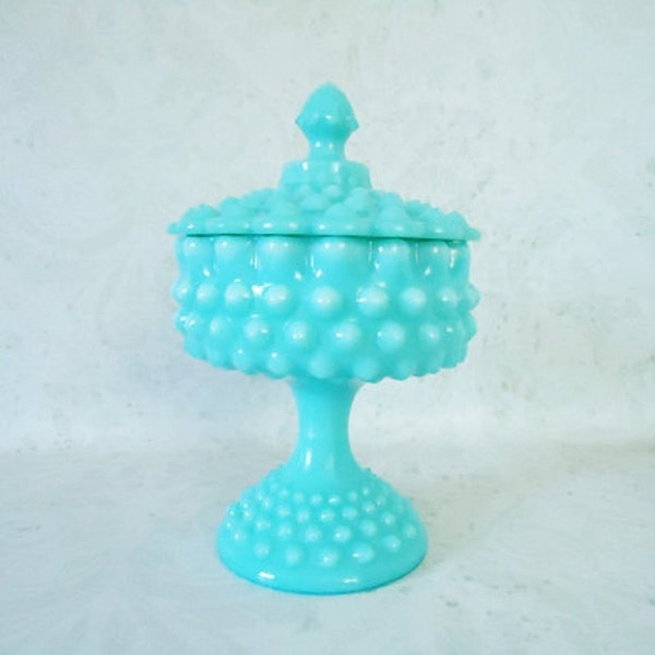 Fenton Turquoise Blue Milk Glass Candy Dish 1950s Hobnail Pattern