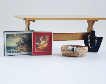 Vintage Dollhouse Accessory Lot, Miniature Wall Art, Mini Jewelry, Miniature dog