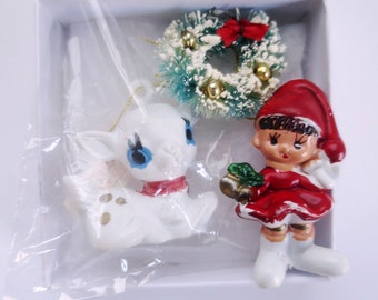 Vintage Reindeer and Pixie Elf Ornaments, MCM Kitsch Deer and Elf Tree Decorations