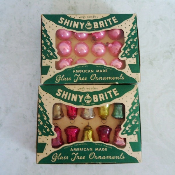 Pair of Mini Shiny Brite Ornaments in Original Boxes, 1950s Mini Shiny Brites in Pink and Colored Bells