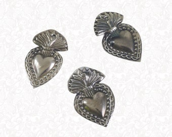 Vintage Tiny Tin Mini Milagro Hearts, Punched Tin Flaming Hearts set of 3, Valentine Gift