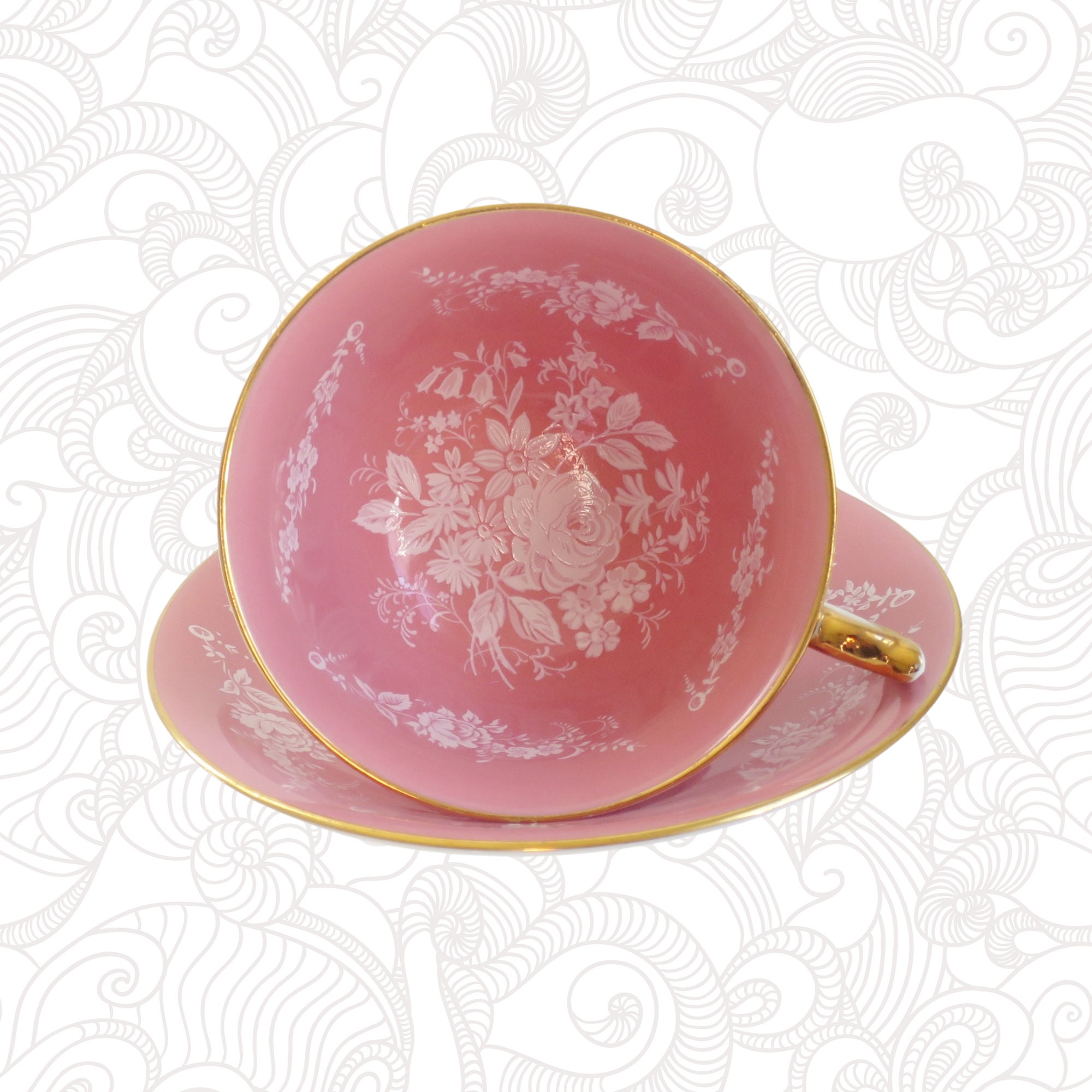 Vintage Pink Aynsley Tea Cup and Saucer, Pink Teacup with White Bridal Rose Pattern 