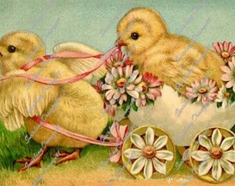 Vintage Easter Post Card Instant Download, Spring Chicks Collage Sheet, Digital Download