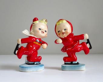 Ucagco Japan Ice Skater Salt and Pepper Shakers, Figural Spice Shakers, 50s Holiday Dinner Table Decor