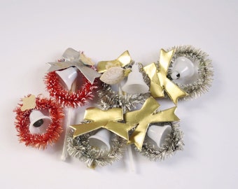 Mid-Century Mini Dresden Wreath Package Trims, Vintae Miniature Bottlebrush Tie Ons or Cake Picks