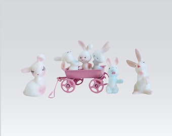 Vintage 1:12 Bunny Rabbits, Mini Easter Bunnies, 6 Miniature Bunny Family