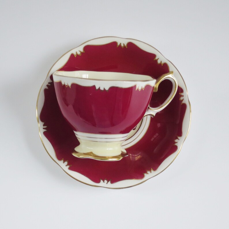 Vintage Tea Cup and Saucer by Royal Albert England, Burgundy Cream and White Teacup Set image 4