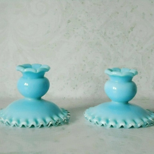 Vintage Turquoise Blue Fenton Candle Holders - Turquoise Silver Crest Candle Holder - Vintage Fenton Glass Candle Holders