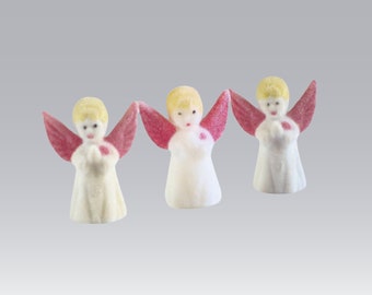 Vintage Miniature Flocked Putz Angels, Set of 3 Fuzzy Tiny Winged Angels