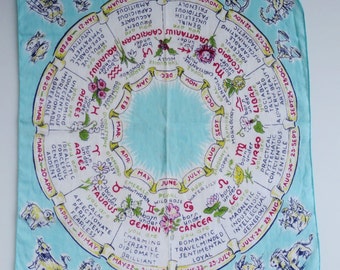 Vintage Astrology Tarot Deck Wrap, Zodiac Scarf Hanky, Cotton Handkerchief
