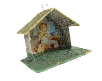 Glitter Nativity Scene Ornament Japan 1960's, Small Cardboard Christmas Ornament