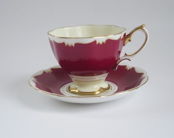 Vintage Tea Cup and Saucer by Royal Albert England, Burgundy Cream and White Teacup Set