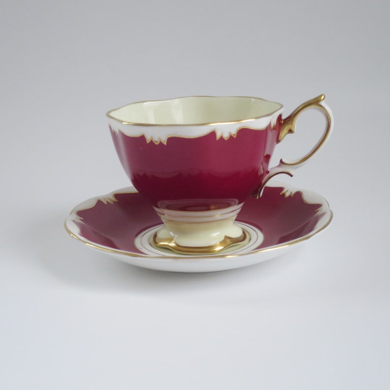 Vintage Tea Cup and Saucer by Royal Albert England, Burgundy Cream and White Teacup Set image 1