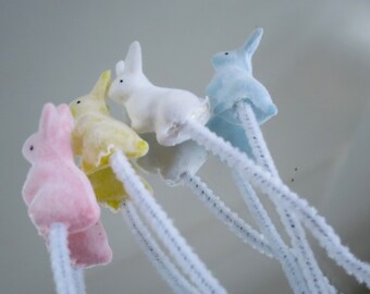 Set of 4 Miniature Flocked Fuzzy Bunnies, Vintage 70s Mini Blow Mold Easter Gift Tie-Ons