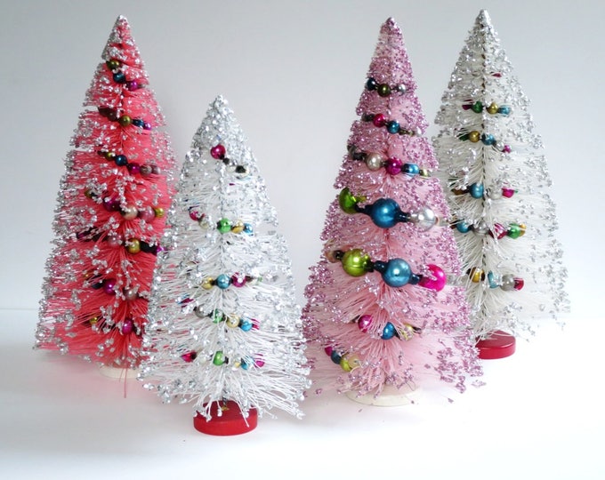 Vintage White Bottle Brush Tree With Mercury Glass Garland, Vintage 60s