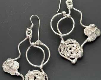 Modern Silver Earrings with Floral Elements - Hand Crafted Earrings - Large Dangle Earrings with Circular elements - Floral Earrings