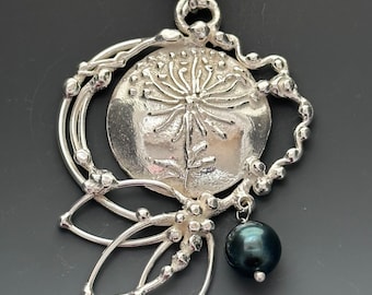 Queen Ann’s Lace one of a Kind Pendant in Sterling Silver - Teal Fresh Water Pearl - Handcrafted by Svetlana Designs