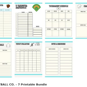 Softball Coach Printable Bundle – 7 Pages | Team Roster, Lineup, Tryout Form, Player & Coach Goals, Tournament Schedule, Notes/Reminders