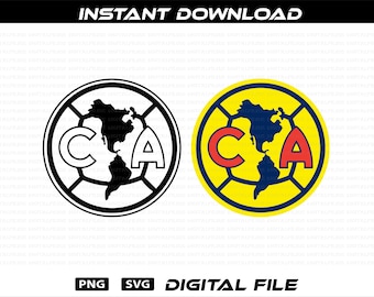Puede incluir: Dos logotipos circulares con un mapa estilizado de América superpuesto a un patrón de balón de fútbol. El logotipo de la izquierda es blanco y negro, mientras que el de la derecha es amarillo, azul y rojo. Ambos incluyen las letras C y A.