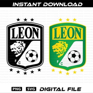 May include: Two versions of a soccer team logo. One is black and white, the other is green and yellow. Both feature the word "LEON", a lion's head, a soccer ball, and the letters "F" and "C". The words "INSTANT DOWNLOAD" are at the top.