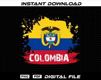 May include: A digital file featuring the flag of Colombia with a distressed effect. The flag's colors of yellow, blue, and red are prominently displayed, with the word "COLOMBIA" in white across a red splash. The image includes "INSTANT DOWNLOAD" and file type indicators.