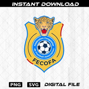 Puede incluir: Un archivo digital con el logotipo de FECOFA. El logotipo tiene forma de escudo con fondo amarillo y contorno azul. Incluye un balón de fútbol, una cabeza de leopardo y el texto "Fédération Congolaise de Football Association". Formatos de archivo PNG y SVG.