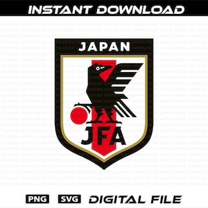May include: A digital file of the Japan national football team emblem. The emblem is a shield shape with a black crow, a red ball, and the text "JAPAN" and "JFA". The file includes PNG and SVG formats.