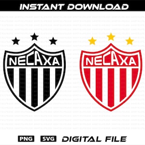 Puede incluir: Dos diseños de archivos digitales con el logotipo de Necaxa. Uno es en blanco y negro, el otro en rojo y blanco. Ambos logotipos tienen forma de escudo con la palabra "NECAXA" y estrellas encima. Los archivos están disponibles en formatos PNG y SVG.