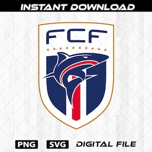 以下が含まれることがあります： デジタルデザイン。青色の「FCF」の文字が上部にあり、青と赤のサメが中央に描かれた盾型のエンブレム。 「INSTANT DOWNLOAD」、「PNG」、「SVG」、「DIGITAL FILE」の文字も表示されています。