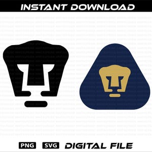 May include: Two digital file designs featuring the Pumas UNAM logo. One is a black and white version of the logo, and the other is a gold logo on a navy blue triangular background. The words "INSTANT DOWNLOAD" and "DIGITAL FILE" are also present.