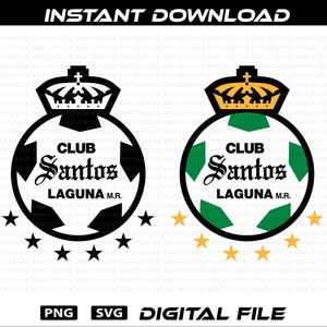 Puede incluir: Dos diseños de archivos digitales con el logotipo del Club Santos Laguna. Uno es en blanco y negro, el otro en verde y blanco. Ambos incluyen una corona, un diseño de balón de fútbol y estrellas. El texto dice "CLUB Santos LAGUNA M.R."