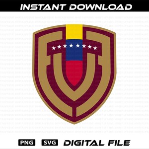 May include: A digital file featuring a shield design with the colors of the Venezuelan flag. The shield is gold and maroon with a yellow stripe at the top, a blue, red, and yellow stripe in the middle, and seven white stars. Text at the top says "INSTANT DOWNLOAD".