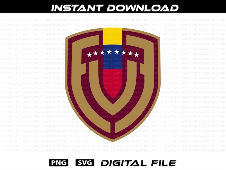 May include: A digital file featuring a shield design with the colors of the Venezuelan flag. The shield is gold and maroon with a yellow stripe at the top, a blue, red, and yellow stripe in the middle, and seven white stars. Text at the top says "INSTANT DOWNLOAD".