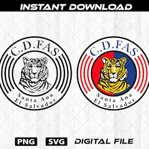May include: Two circular logos featuring a tiger head. One is black and white, the other is in color with red, blue, and yellow. Text includes "C.D.FAS" and "Santa Ana El Salvador". The words "PNG", "SVG", and "DIGITAL FILE" are also present.
