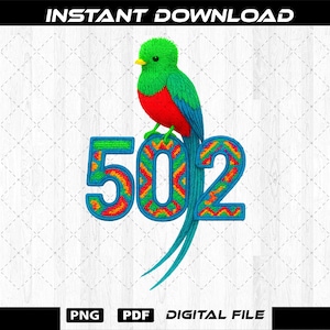 Puede incluir: Diseño digital colorido con un quetzal posado sobre el número "502". El ave tiene plumaje verde, rojo y azul. Los números están delineados en azul con un diseño estampado. También se ven las palabras "INSTANT DOWNLOAD", "PNG", "PDF" y "DIGITAL FILE".