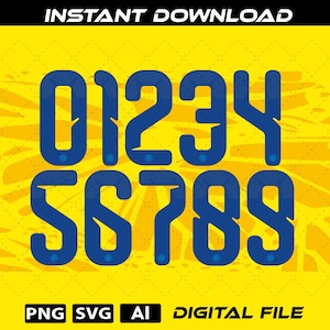 May include: A digital graphic featuring the numbers 0 through 9 in a bold, blue, stylized font with sharp, angular cutouts. The numbers are arranged in two rows against a bright yellow background with a subtle, abstract, textured pattern.