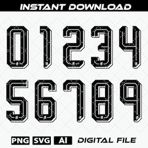 May include: A digital graphic set featuring the numbers zero through nine in a bold, black, block-style font with a white outline and a three-dimensional effect. The text INSTANT DOWNLOAD appears at the top, and PNG, SVG, AI, DIGITAL FILE at the bottom.
